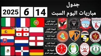 جدول مباريات السبت 14 يونيو 2025