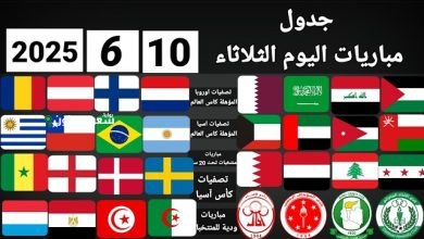 جدول مواعيد مباريات الثلاثاء 10 يونيو 2025