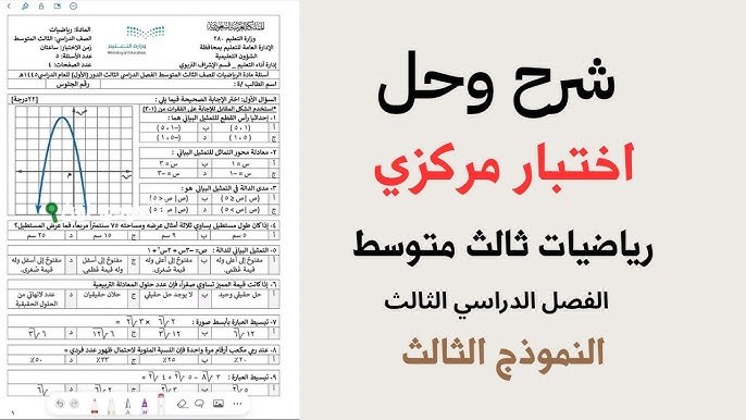 اختبار مركزي رياضيات ثالث متوسط الفصل الثالث محلول
