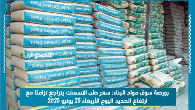 بورصة سوق مواد البناء: سعر طن الاسمنت يتراجع تزامنًا مع ارتفاع الحديد اليوم الأربعاء 25 يونيو 2025