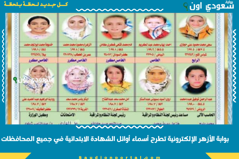 بوابة الأزهر الإلكترونية تطرح أسماء أوائل الشهادة الابتدائية في جميع المحافظات