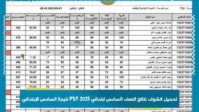 تحميل كشوف نتائج الصف السادس ابتدائي 2025 PDF نتيجة السادس الابتدائي