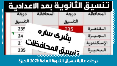 درجات عالية تنسيق الثانوية العامة 2025 الجيزة