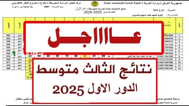 نتائج الثالث متوسط 2025 بغداد بالاسم والرقم الامتحاني PDF