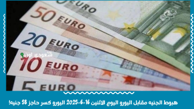 هبوط الجنيه مقابل اليورو اليوم الاثنين 16-6-2025 اليورو كسر حاجز 58 جنيه!
