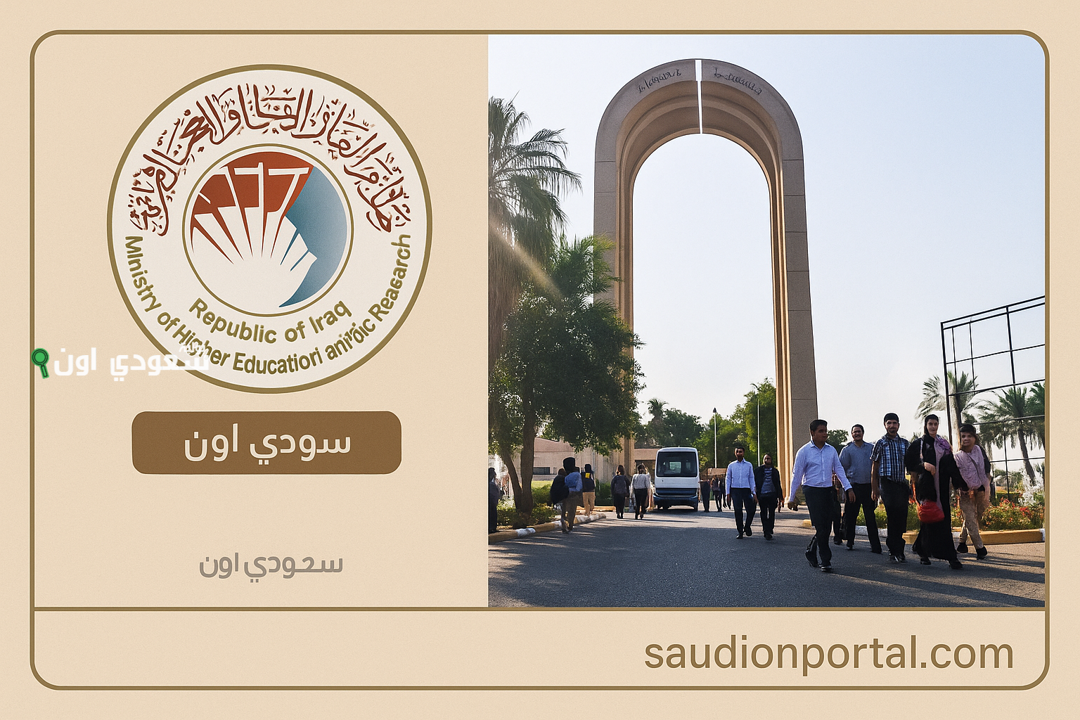 التعليم العالي العراقيضع كل صورة في إطار مربع الشكل اجعل التصميم بأكمله مستطيل ومناسب لصور بارزة لمقالات موقع إخباري اكتب على الصورة saudionportal.com داخل الإطار الخارجي اصنع زر باسم سعودي اون بخط صغير وضعه في أي مكان في الصورة أضف علامة مائية باسم سعودي أون التصميم احترافي بحواف مع تغيير جذري في الصورتين المدمجتين