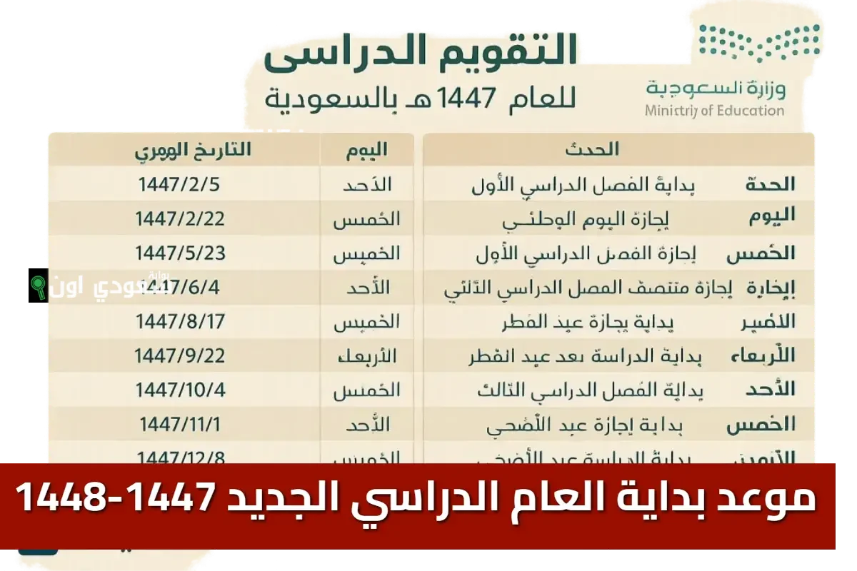 التقويم الدراسي للعام 1447 هـ بنظام الفصلين الدراسيين